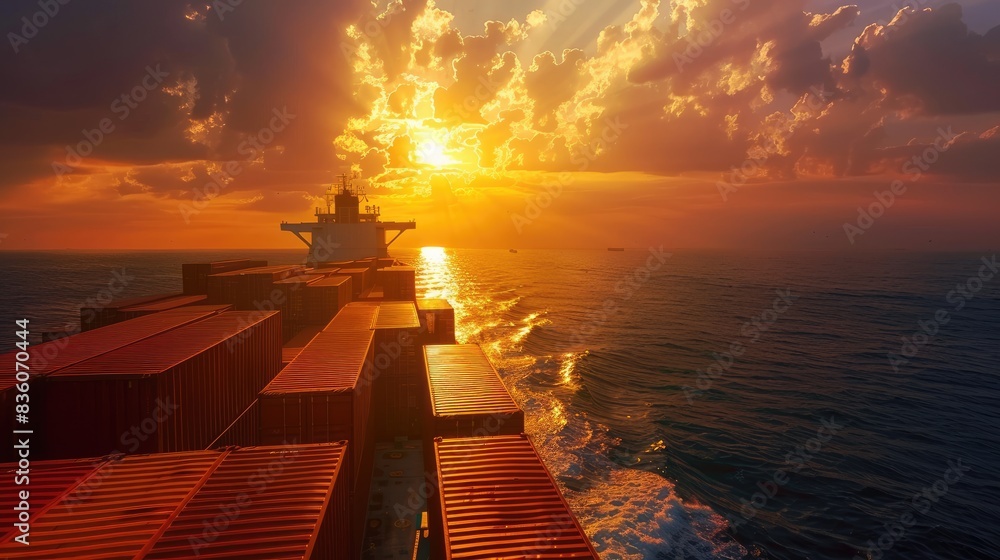Poster sunset view of a container ship at sea, with the silhouette of containers creating a striking image