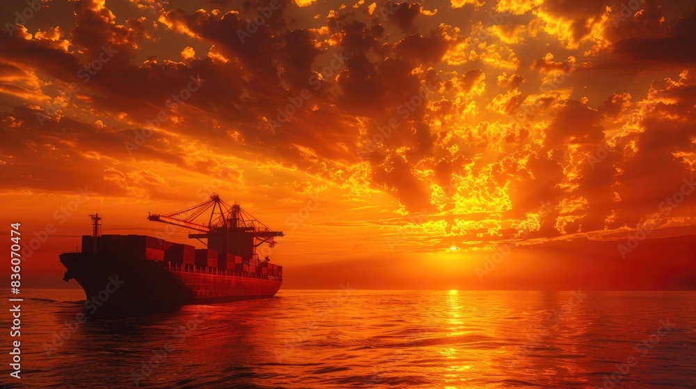 Poster sunset view of a container ship at sea, with the silhouette of containers creating a striking image