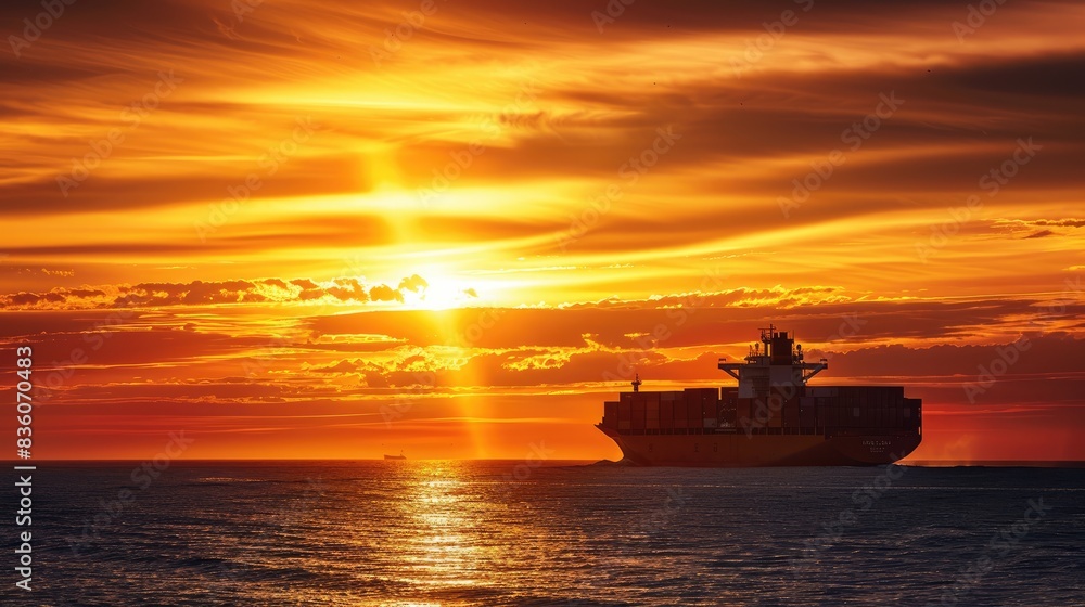 Poster sunset view of a container ship at sea, with the silhouette of containers creating a striking image