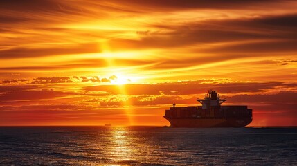 Obraz premium Sunset view of a container ship at sea, with the silhouette of containers creating a striking image