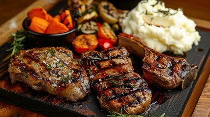 A gourmet platter featuring a variety of grilled steaks, including beef, pork, and fish, served with roasted vegetables and creamy mashed potatoes.