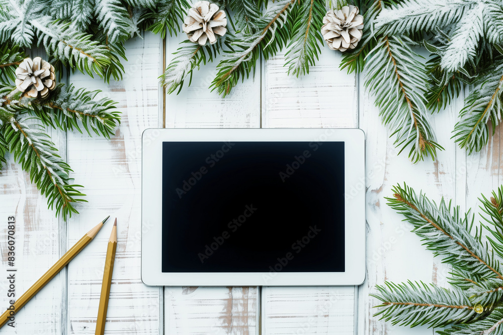 Wall mural Mockup tablet computer and pencil on old wooden table with garland, flatlay on a white wooden background, with place for your text. Flat lay, top view photo mock up.


 - Wall murals