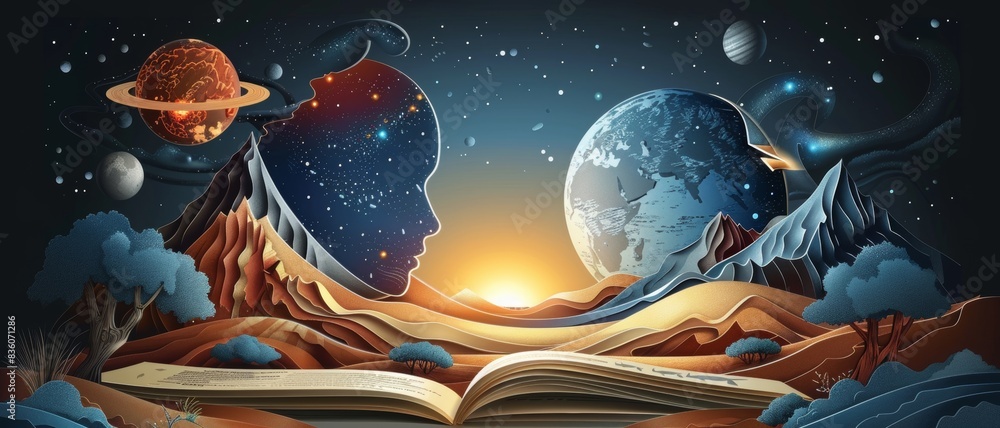 Wall mural a book is open to a page with a face on it