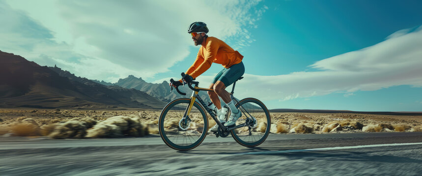 A cyclist in an orange jersey rides through a scenic desert landscape.