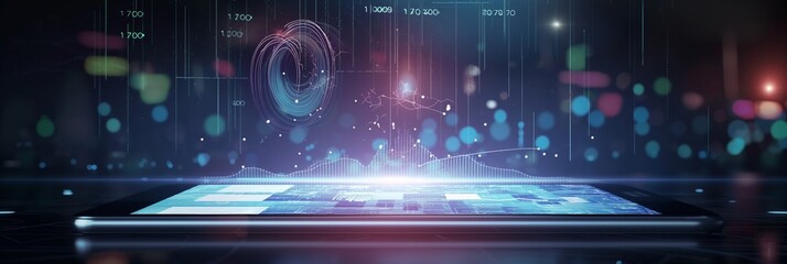 This image features a tablet displaying complex digital data, graphs, and futuristic holographic elements overlaying it