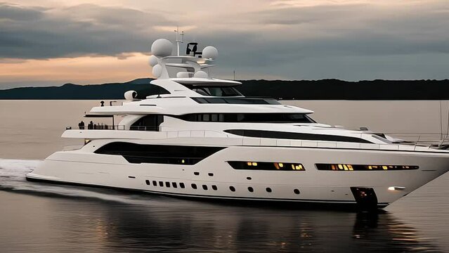 A luxury mega yacht with golden glass in the ocean at a sunset, generative ai
