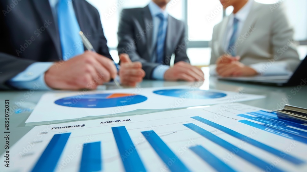 Poster a group of executives discussing a business graph during a board meeting, brainstorming strategies f
