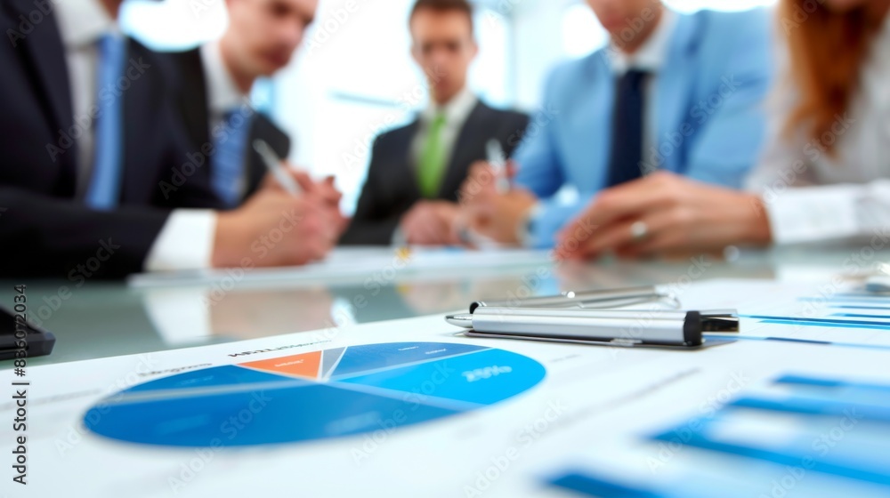 Poster a group of executives discussing a business graph during a board meeting, brainstorming strategies f