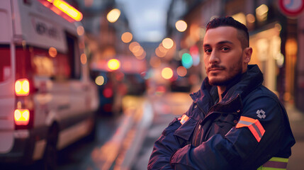 Portrait of a focused paramedic with ambulance and city lights in the background