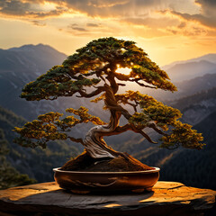 informal upright juniper bonsai with mountain view at sunset