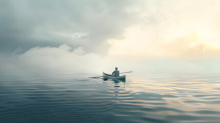man paddling on a canoe lost in the sea
