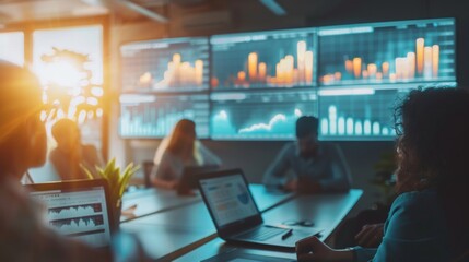 A group of finance professionals discussing stock market graphs and economic indicators during a brainstorming session in a boardroom.