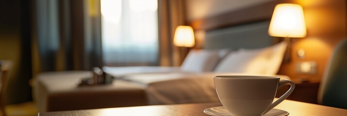 A gently illuminated hotel room setting with a steaming cup of tea, evoking feelings of relaxation and luxury