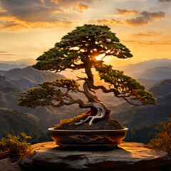 informal upright juniper bonsai with mountain view at sunset