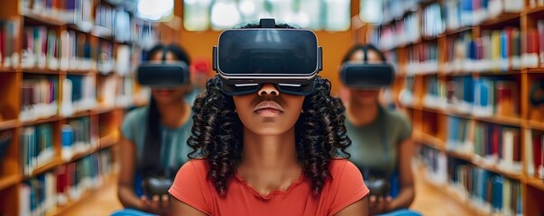 Students Utilizing Immersive Virtual Reality Technology for Enhanced Educational Experiences in a Library Setting