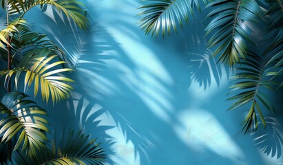 Green tropical leaves casting shadows on a textured blue wall under bright sunlight, vibrant background.