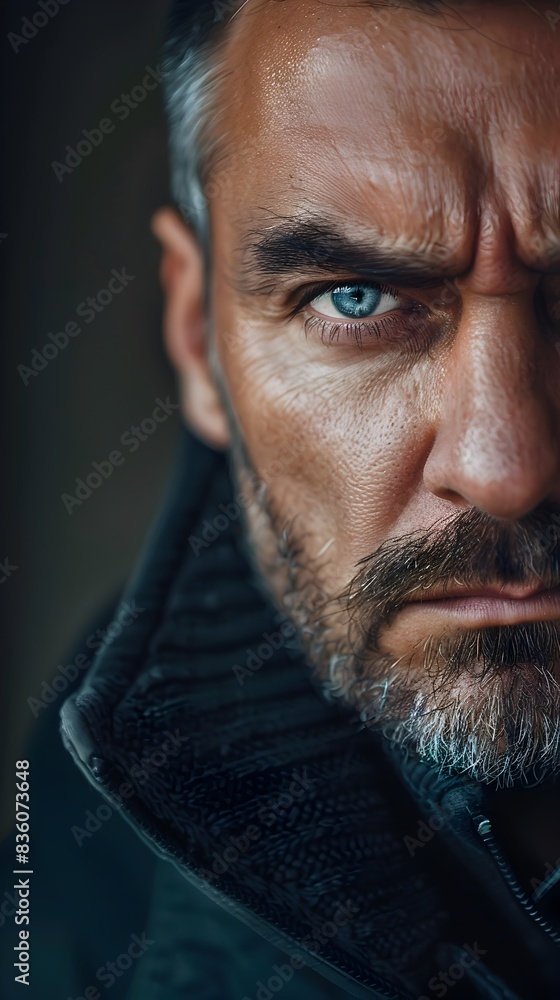 Poster intense and focused man with furrowed brows conveying deep emotion and in dramatic monochrome portra