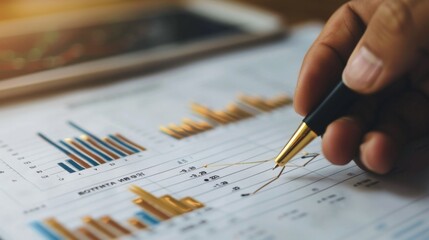 A hand holding a pen analyzing a printed gold price graph on paper, making investment decisions based on market analysis and forecasts.