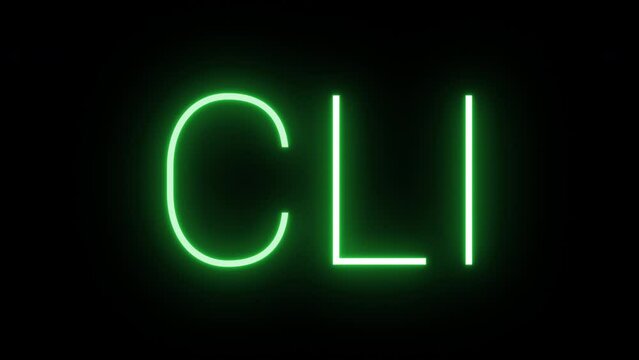 Flickering glowing green neon CLI sign animated black background