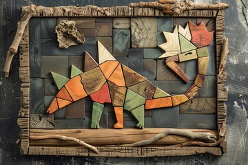 A tangram set arranged to create a dinosaur, displayed on a prehistoricthemed backdrop
