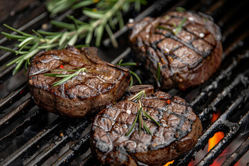 Three steaks on a grill