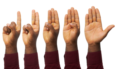 Set of counting black hands fingers in red long sleeves isolated on white background. Counting from 1 to 5