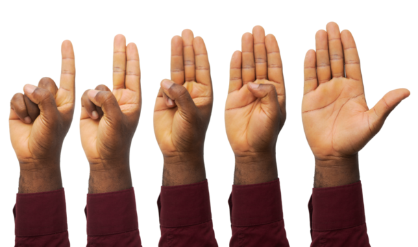 Set of counting black hands fingers in red long sleeves isolated on white background. Counting from 1 to 5