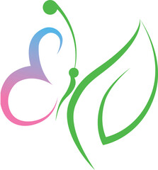 Letter E for butterfly logo on green leaf isolated on white background