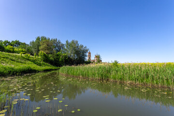 Abandoned Florus and Laurus orthodox church at Kibol village near Suzdal town. Summer view with floral meadow.