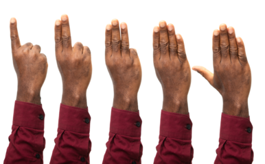 Set of counting black hands fingers in red long sleeves isolated on white background. Counting from 1 to 5