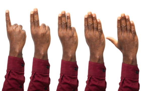 Set of counting black hands fingers in red long sleeves isolated on white background. Counting from 1 to 5