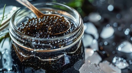 A jar of black caviar displayed on a bed of ice, with a mother-of-pearl spoon for serving, presenting a luxurious culinary delicacy.