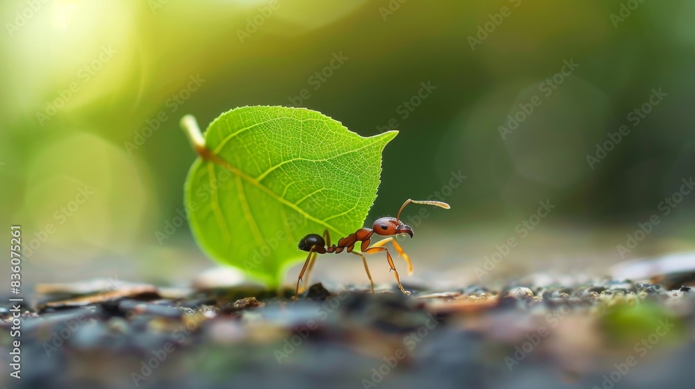 Poster A macro image of an ant carrying a leaf many times its size, demonstrating the incredible strength and resilience of these tiny insects.