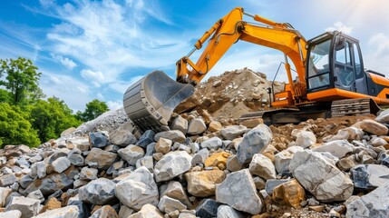Obraz premium an orange excavator working on a construction site, moving large rocks and dirt.