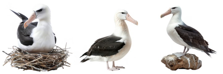 Three albatrosses depicted in different poses and environments: nesting, standing, and perched.