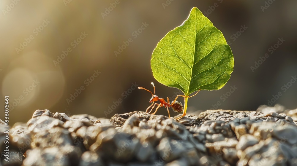 Poster A macro image of an ant carrying a leaf many times its size, demonstrating the incredible strength and resilience of these tiny insects.