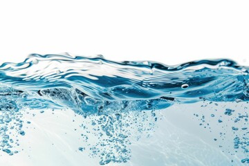 clean blue water surface with splash, ripple and air bubbles underwater on white background	