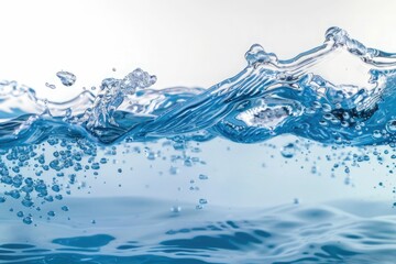 clean blue water surface with splash, ripple and air bubbles underwater on white background	