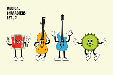Set of character vector musical instruments in retro style