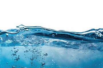 clean blue water surface with splash, ripple and air bubbles underwater on white background	