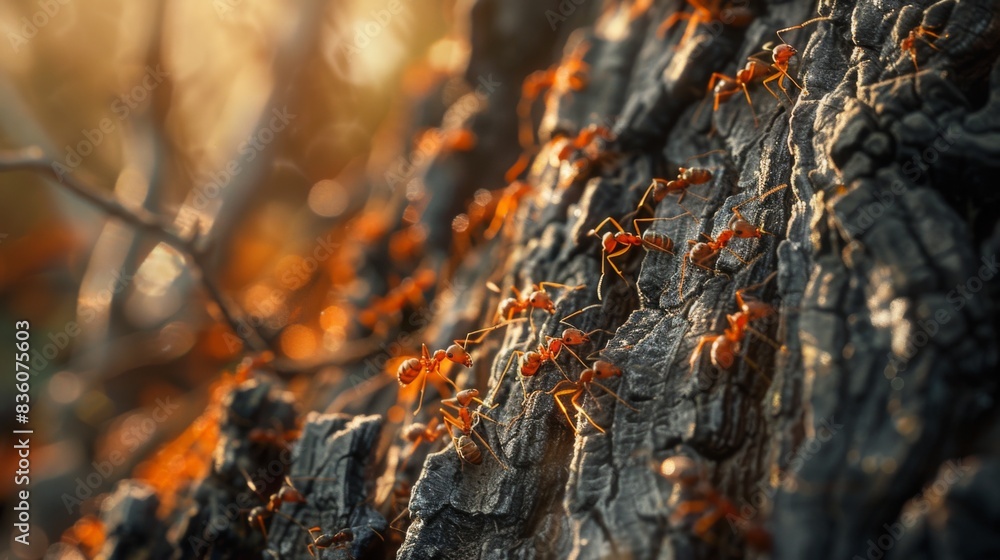 Poster a macro shot of ants crawling on a tree trunk, exploring their natural habitat and foraging for food