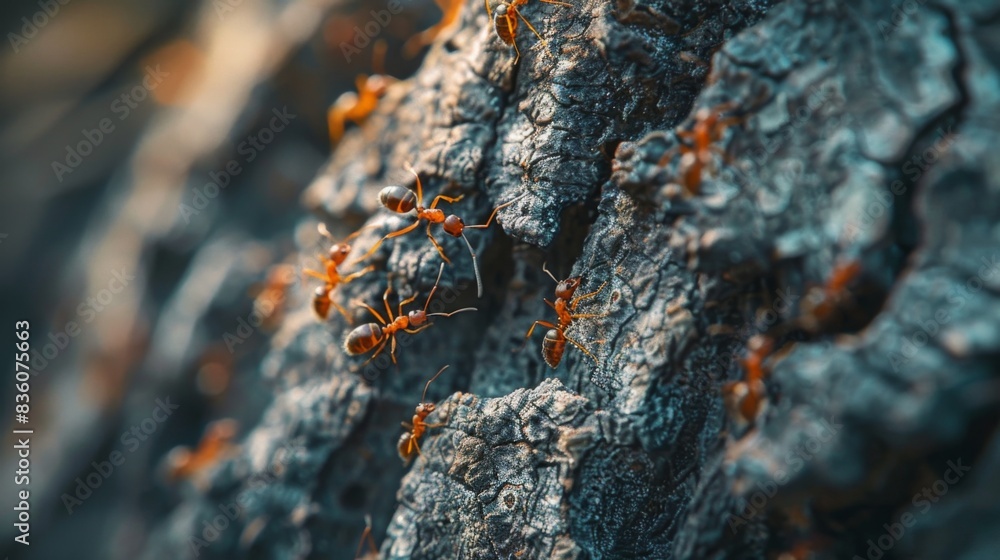 Poster a macro shot of ants crawling on a tree trunk, exploring their natural habitat and foraging for food