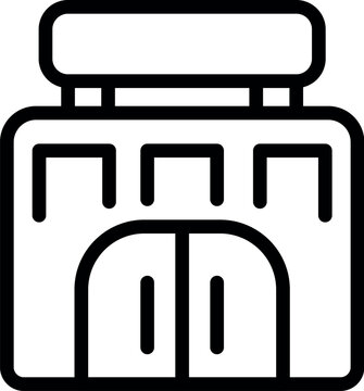 recommend clip art: Simplified black line icon representing a storefront with a sign, suitable for web and app design