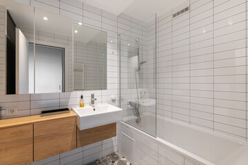 Modern Bathroom Interior With Wooden Vanity and Bathtub