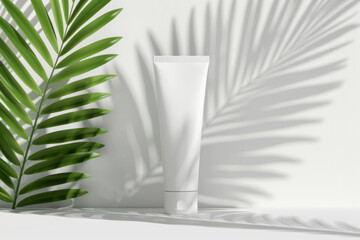 Pristine white skincare tube with shadows of tropical leaves.
