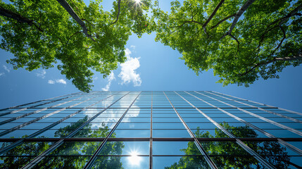 Green building concept, glass curtain wall with green trees and blue-sky background, sustainable architecture exterior view