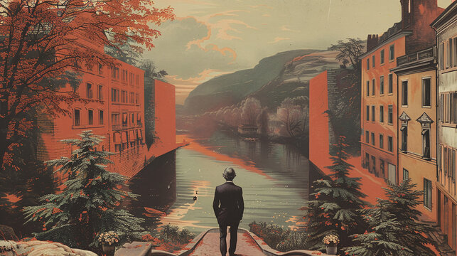 vintage illustration of Immanuel Kant taking a daily walk in the quiet town of K&ouml;nigsberg