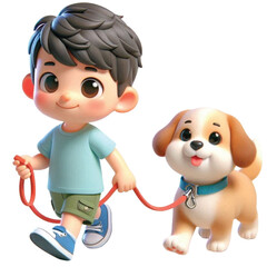 Boy leads a cute dog  walk  3D Cartoon render 