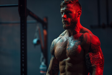 A muscular bodybuilder poses in a dimly lit gym with red lighting, showcasing his defined physique and intricate tattoos