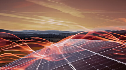 Solar panels with flowing energy waves under a dramatic sky at sunset.